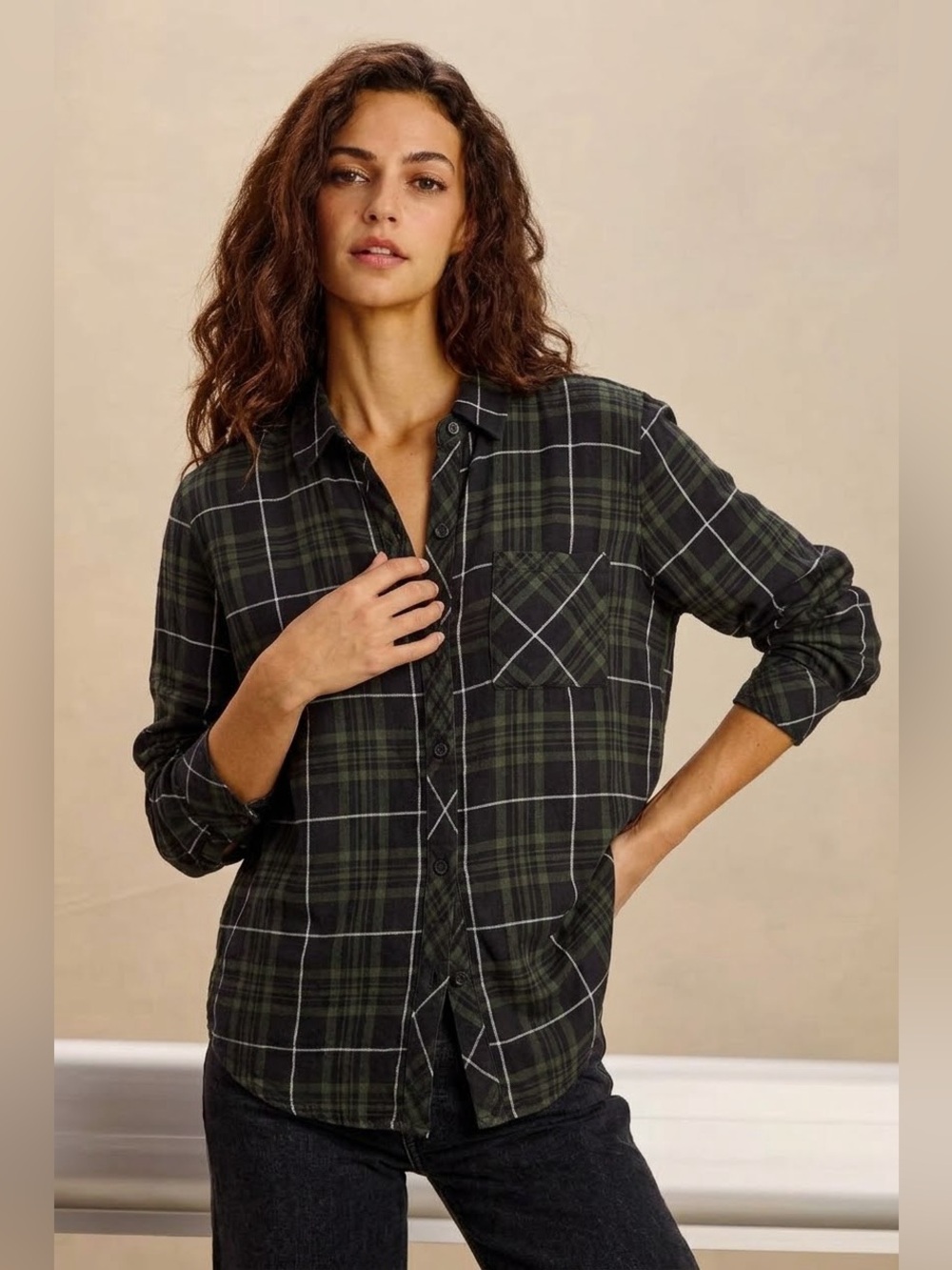 RAILS Women's Hunter Olive Carbon White Long Shirt Plaid Shirt - Medium